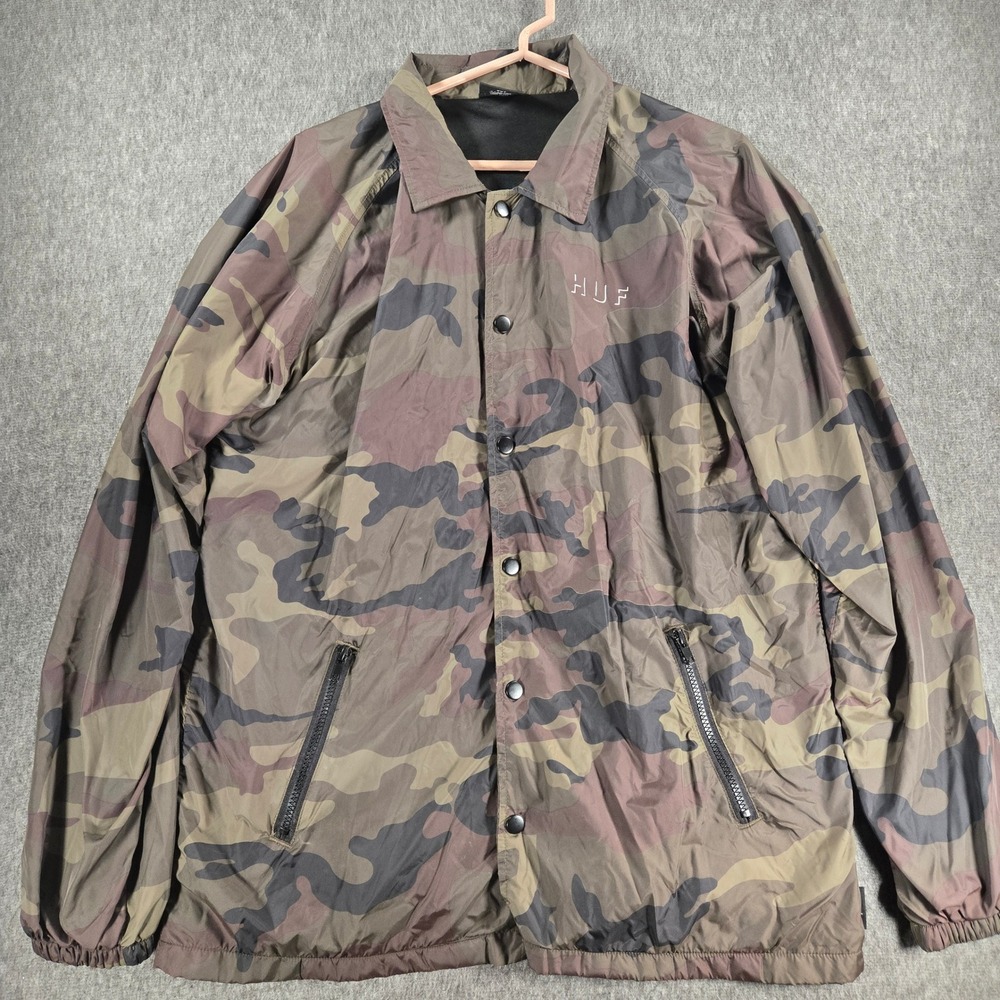 HUF Jacket Mens Large Camo Snap Front Lightweight Windbreaker Skater Grunge‎